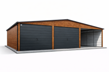 GARAŻ BLASZANY 8m x 6m z wiatą - drewnopodobny / grafit. BL07
